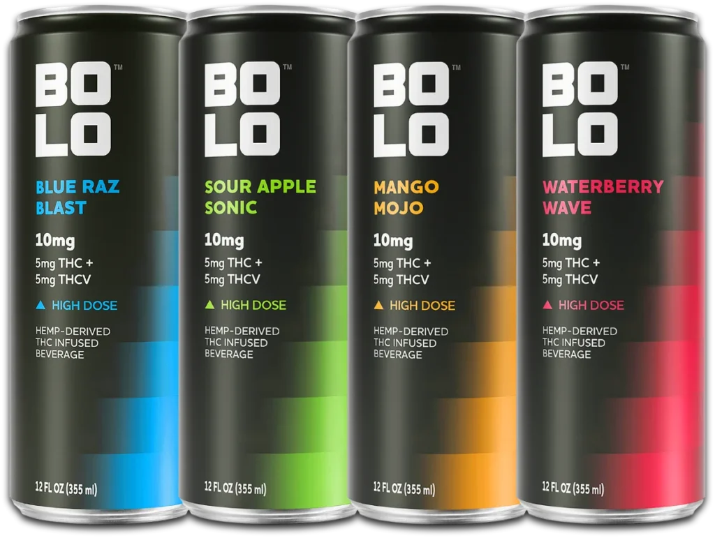 BOLO 10mg THC drink can lineup BOLO 10mg THC drink can lineup featuring all four flavors – Blue Raz Blast, Sour Apple Sonic, Mango Mojo, Waterberry Wave