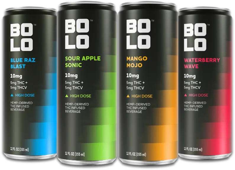 BOLO 10mg THC drink can lineup featuring all four flavors – Blue Raz Blast, Sour Apple Sonic, Mango Mojo, Waterberry Wave