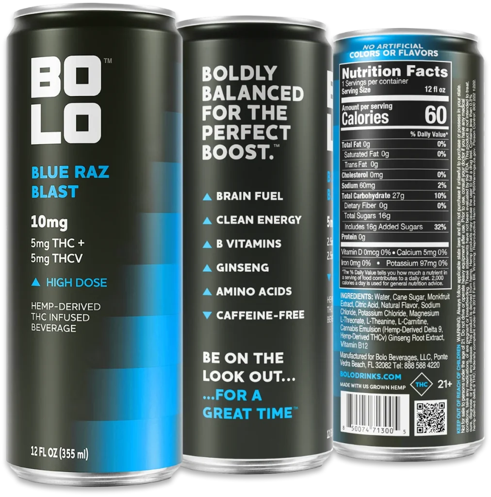 BOLO Blue Raz Blast 10mg THC drink can showing front label, benefits panel, and nutrition facts