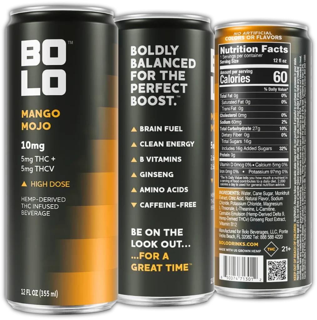 BOLO Mango Mojo 10mg THC drink can showing front label, benefits panel, and nutrition facts