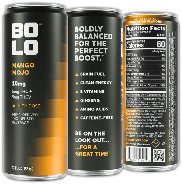 BOLO Mango Mojo 10mg THC drink can showing front label, benefits panel, and nutrition facts