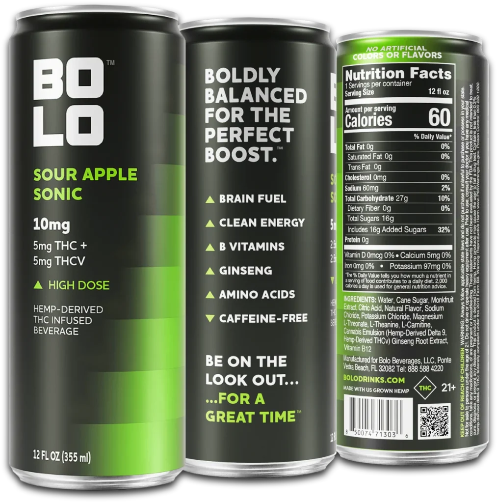 BOLO Sour Apple Sonic 10mg THC drink can showing front label, benefits panel, and nutrition facts
