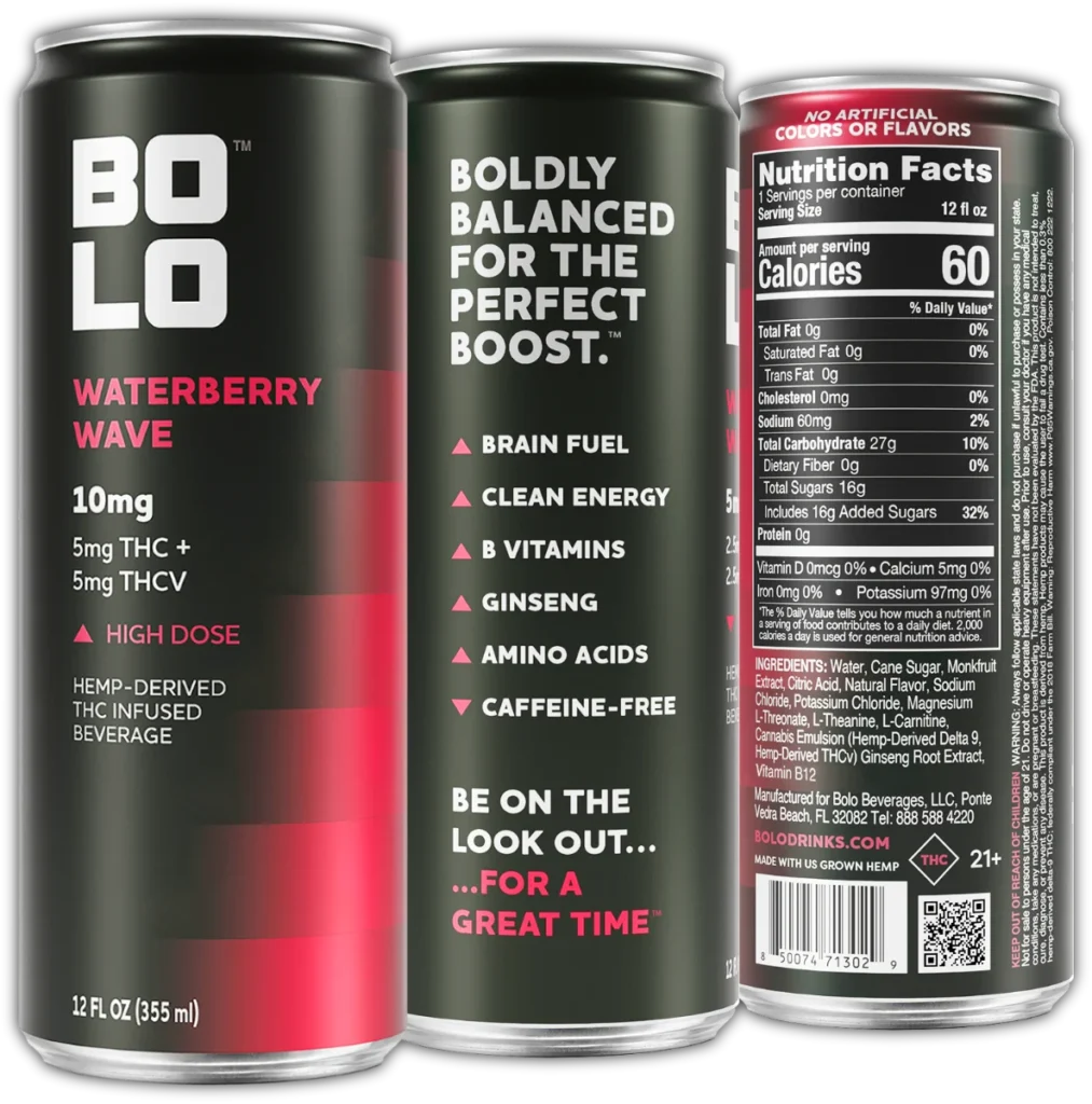 BOLO Waterberry Wave 10mg THC drink can showing front label, benefits panel, and nutrition facts